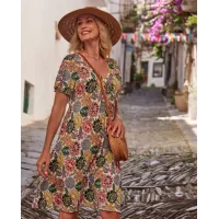 Janira Abito Donna Midi Florart Bianco – Stampa Floreale, Scollo a V, Manica Corta