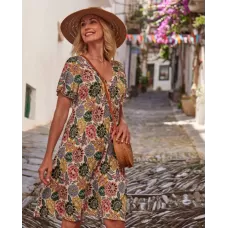 Janira Abito Donna Midi Florart Bianco – Stampa Floreale, Scollo a V, Manica Corta