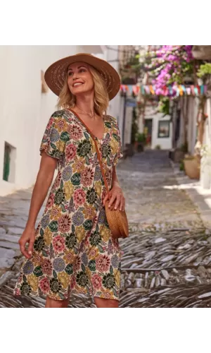 Janira Abito Donna Midi Florart Bianco – Stampa Floreale, Scollo a V, Manica Corta