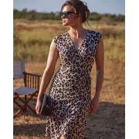 Janira Abito Donna Leopard Beige – Fantasia Leopardo, Scollo a V, Fiocco Laterale