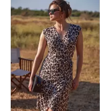 Janira Abito Donna Leopard Beige – Fantasia Leopardo, Scollo a V, Fiocco Laterale