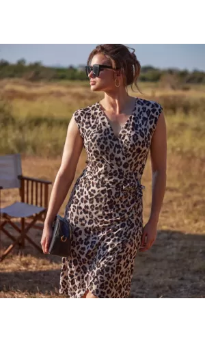 Janira Abito Donna Leopard Beige – Fantasia Leopardo, Scollo a V, Fiocco Laterale