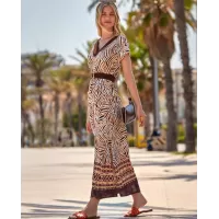 Janira Abito Donna Masai Brown – Stampa Etnica Beige, Scollo a V, Cintura in Vita
