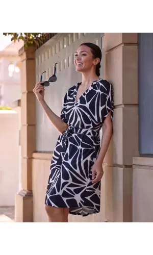 Janira Abito Donna Midi Reflects Bianco – Fantasia Astratta Blu, Scollo a V, Cintura in Vita