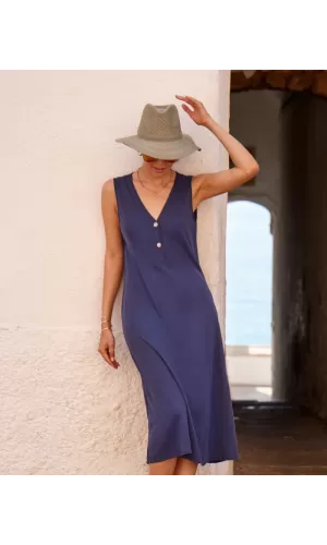 Janira Abito Donna Midi Fresco Brown – Senza Maniche, Scollo a V, Chiusura con Bottoni