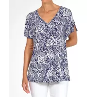 Janira Maglia Donna Botanic Blu – Manica Corta, Stampa Botanica Bianca, Scollo a V