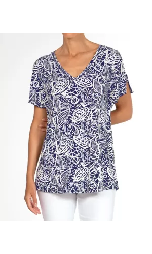 Janira Maglia Donna Botanic Blu – Manica Corta, Stampa Botanica Bianca, Scollo a V