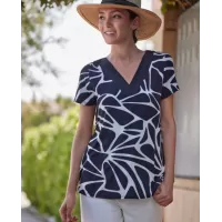 Janira Maglia Donna Reflects Bianca – Stampa Astratta Blu, Scollo a V, Manica Corta