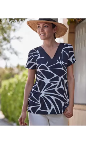 Janira Maglia Donna Reflects Bianca – Stampa Astratta Blu, Scollo a V, Manica Corta