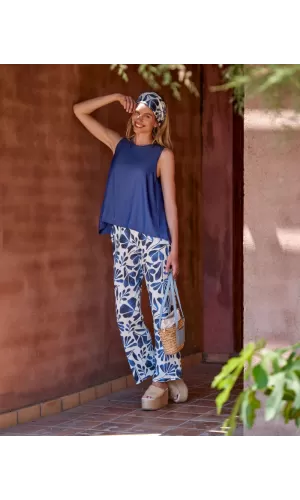 Janira Pants Loo Lilyblu Donna – Bianco con Stampa Botanica Blu