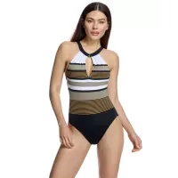 Ory Costume Intero Nero Halter con Apertura a Goccia – Coppa B, Dettagli Metallizzati