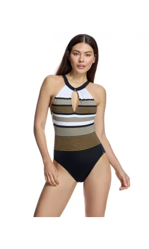 Ory Costume Intero Nero Halter con Apertura a Goccia – Coppa B, Dettagli Metallizzati