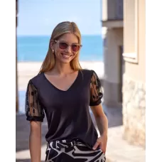 Janira Maglietta Dots Avorio Nero – Manica Corta in Pizzo, Cotone Modal